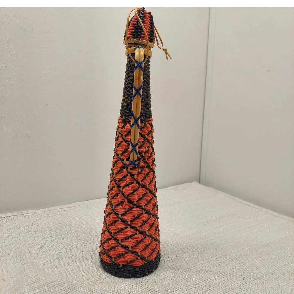 Vintage Woven Wrapped Amber Glass Decanter Bottle Orange Black Tiki Mid Century
